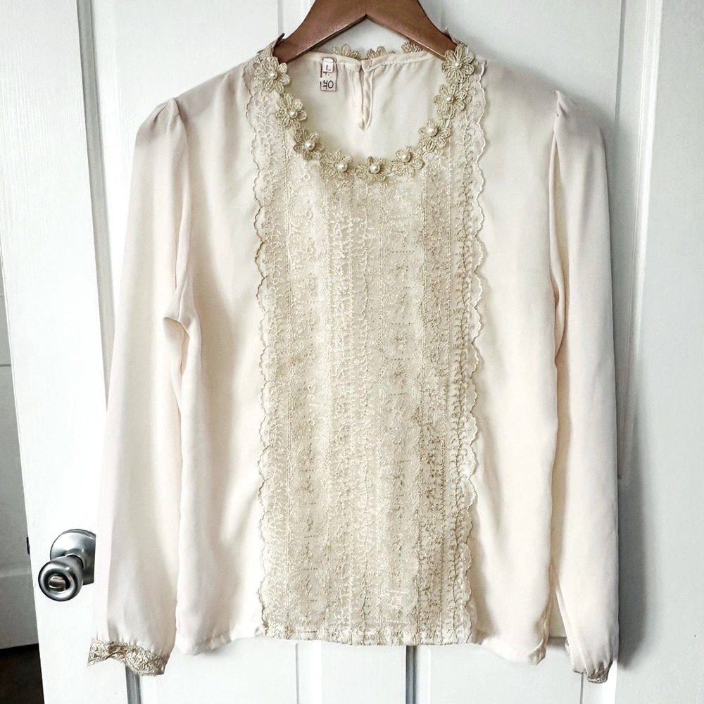 Vintage Gold Ivory Lace Beaded High Neck Embellished Blouse Size L